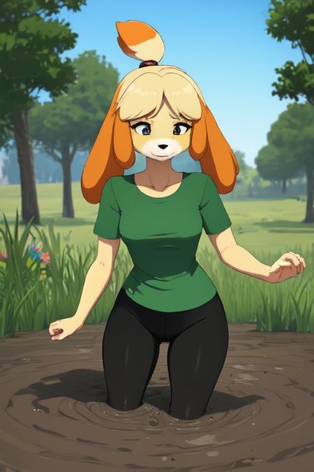 isabelle \(animal crossing\), (masterpiece, best quality:1.15), 1girl, solo, large breasts, high cheekbones, thick eyebrows, small mouth, looking to the side, leaning forward, adjusting clothes, tight leggings, green crop top shirt, starry nights, long hair, twin short braids, scared, partially submerged, struggling, farmland bog, quicksand