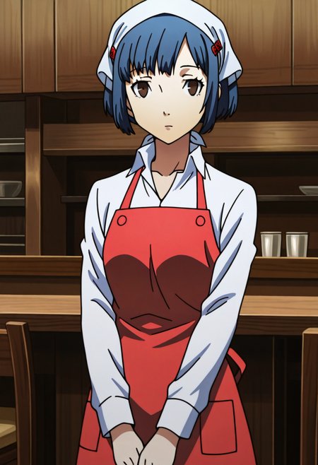 1 girl, solo, cute face,
p4aika, short hair, blue hair, head scarf, red apron, hair ornament, collared shirt,
looking at viewer, standing, expressionless,
inside, restaurant,
masterpiece, best quality, ultra detailed,