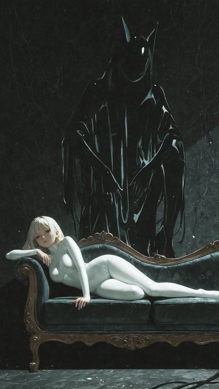painterly, best quality,absurdres, (surreal:1.6),
1girl, arm support, white latex, black couch, dark shadow, (dark:1.5),