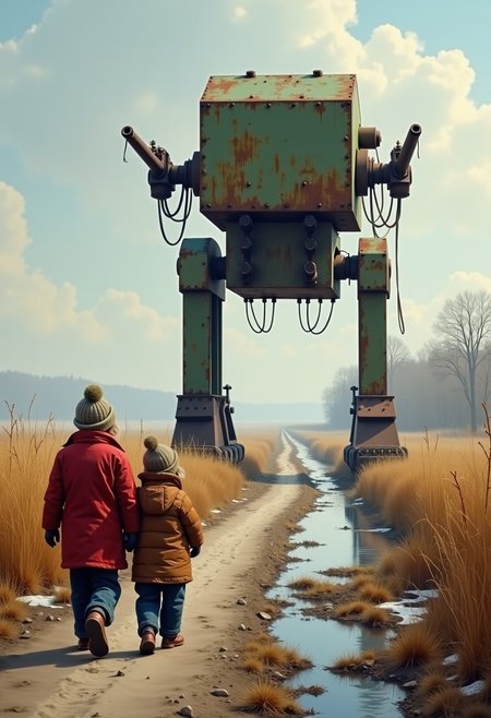 Detailed, masterpiece, professional, paint of soviet traditional children rear view walking next to a crop field, a dirt trail, a river, some snow patches on the ground, early winter, at a distance stands an old rusty broken giant mechanical bipedal feet war machine with wires hanging and 2 arms with old machine guns  and green paint, bulky body, inspired by Jakub Rozalski