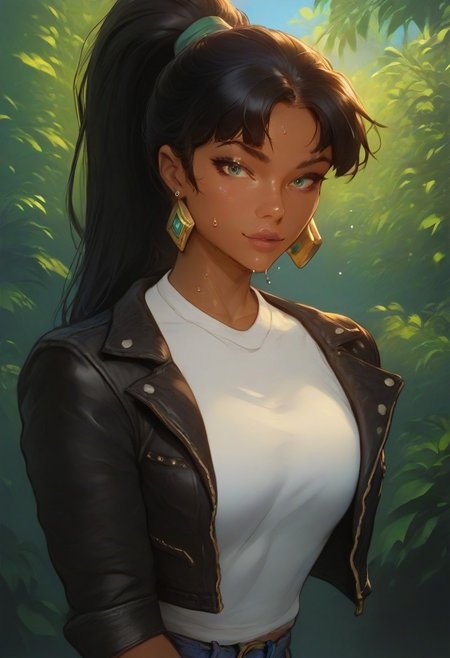 (score_9, score_8_up, score_7_up), score_6_up, best quality, masterpiece, extreme detail, perfect lighting, 4k, 2d, rating_explicit, nsfw, very detailed, best quality, highly detailed texture, depth of field, masterpiece, BREAK, 1girl, ChelXLP, chel, majestic,beautiful bright pupils, black hair, ((ponytail)),green earrings, 
cute face, (gorgeous face:1.3), (skin detail:1.3), (shadows:1.3), (sweat drops, sweat, steamy, oily, shiny:1.3),  
 (((sexy short-sleeves white top, denim trousers, black jacket))),
 looking at the viewer, detailed, intricate details, realistic,((( top view))),
tan skin,cowboy shot,csr style,g4n1m3