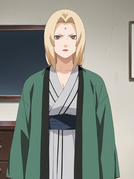 naruto style, hard shadows, anime_screencap, anime_core, score_9, score_8_up, score_7_up, solo, <lora:tsunade_train_v5:0.9>, tsunade,brown eyes,uper body,sunade's green Jacket \(outfit\), red nails,indoors, looking at viewer,  front view