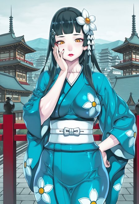 spring, japanese castle, detailed background, city,
solo, 1girl, milf, black hair, yellow eyes, pale skin, medium breasts, red lipstick, mascara, long hair, hime bangs, hair ornament,
blue kimono, japanese clothes, japanese white belt, white flower print,
cowboy shot, hand on face, hand on hips, good hands, contempt face,
 <lora:xxFSxxIL-style:1>,xxfsxx,masterpiece,best quality,amazing quality,