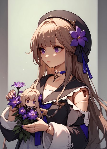 (score_9, score_8_up, score_7_up), 1girl, herta, doll joints, beret, purple choker, holding purple flower, closed mouth, <lora:herta-strPO-v1A:0.9>