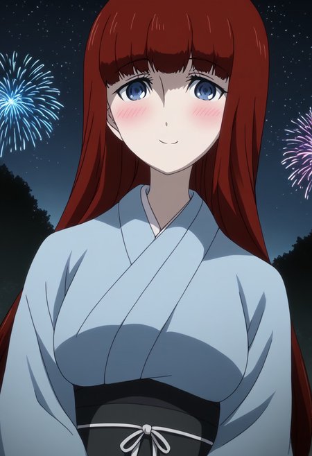 rating_safe, Ultra-high-detailed Anime illustration of Kagari Shiina from Anime Steins;Gate 0. 
The artwork features Kagari in a solo, standing position with a outdoors, flield, and night background. night time. night. stars.
She is depicted with intricate details showcasing her large breasts, natural_breasts. She is a white skinned, 22 years old woman. Kagari is looking_at_viewer with perfect_eyes, Her pupils are highly detailed. The eyes are open. blue eyes. Kagari's eyes are highlighted. Highlighted eyevrows. 
She has long hair, red colored hair, styled in blunt bangs and floating hair.
She is wearing a blue kimono and black shoes. japanese kimono, kimono.
The artistic style is intricate_details_xl with a focus on Anime art. The color palette emphasizes red and black with detailed strokes to bring out the character's features. The lighting creates dramatic shadows and highlights, adding depth to the artwork. The perspective is from a face focus, dutch angle to enhance the impact of the character's expression. This masterpiece is a true portrayal of Kagari's complex personality and will captivate any fan of Kagari. uncensored, upper body, blushing, smile, Kagari Shiina,
perfecteyes,
<lora:Steins_Gate:1>
kimono
happy new year!, Happy New Year fireworks, Happy New Years