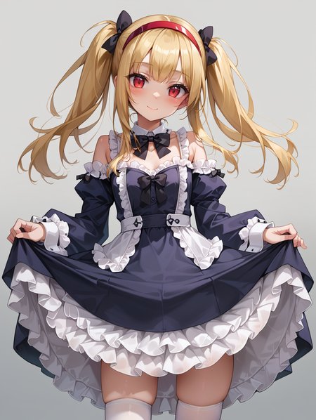 1girl, 
cowboy shot, solo, black dress, hairband, skirt hold, grey background, bowtie, frills, blonde hair, long hair, long sleeves, closed mouth, bow, twintails, red hairband, dress, standing, blush, black bow, very long hair, smile, thighhigh, bare shoulders, detached collar, black bowtie, wide sleeves, looking at viewer, frilled shirt collar, red eyes, petticoat, sidelocks, skindentation, head tilt, gradient background, white thighhighs,
she is wearing a black and purple dress with a ruffled collar and cuffs. the dress has a high neckline and long sleeves. the skirt of the dress is full and flows down to the floor. the girl is standing in front of a gray background with small white stars scattered around her. she appears to be dancing or posing for the photo.
score_9, score_8_up, score_7_up, source_anime
 <lora:style022-1:0.7>