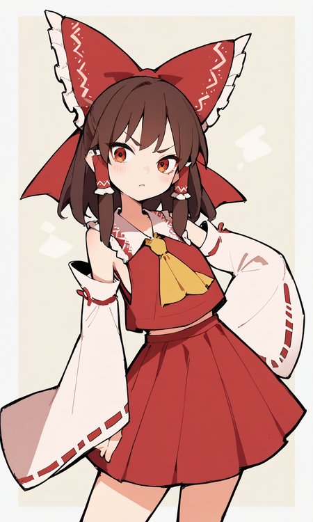 score_9, score_8_up, score_8, score_9, 1 girl,  source_anime, 1 girl,  hakurei reimu, brown hair, hair tubes, yellow ascot, detached sleeves, ribbon trim, red shirt, red skirt, white sleeves, red hair bow,  <lora:reimu_hakurei_pony-10:0.8>,  <lora:Eiken3kyuboy_Artist_Style_ponyXL-000018:0.8>