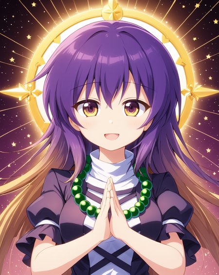 hijiri byakuren,1girl, solo, heart, own_hands_clasped, smile, open_mouth, prayer_beads, looking_at_viewer, symbol-shaped_pupils, medium_breasts, layered_dress, necklace, puffy_short_sleeves
<lora:hijiri_byakuren_image2907_2023-12-20:1>,star-shaped_pupils,symbol-shaped_pupils,. gorgeous,key visual, vibrant, studio anime,award-winning, professional, highly detailed,high budget, cinemascope