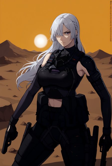 score_9, score_8_up, source_anime  BREAK solo, cowboy shot, looking to the side, 
 <lora:Ak15PdxlDwnsty-000008:1>, ak15chick, purple eyes, white hair, long hair, hair over one eye, side braid, tactical clothes, black gloves, elbow gloves, mask around neck, bodysuit, crop top, armor, midriff, holding weapon, holding gun, fighting stance, 
large breasts, curvy, expressionless, serious,
wasteland, desert, wind, sun, trench,
<lora:nai3_check2:0.8>