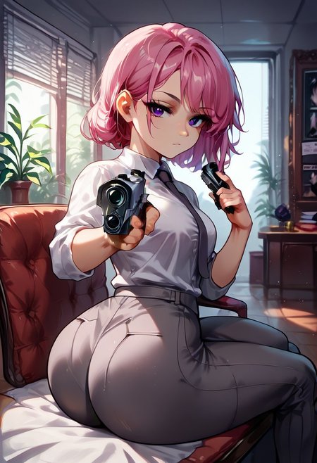 score_9, score_8_up, score_7_up, source_cartoon, solo, 1girl, sexy girl, CivChan, purple eyes, pink hair, button-up white shirt, formalwear, ((business suit))), (((gray suit))), white shirt, gray necktie, gray jacket, armpits, expressionless, flexible, legs down, 1940, noir <lora:Neon_Noir_Pony:0.8>, sitting in detective's office, Side Lounging Pose, holding weapon, handgun, holding gun, aiming at viewer, revolver, finger on trigger, ass, boots, venetian blinds, reading lamp, comic style, noir, solo, close up, winter colors