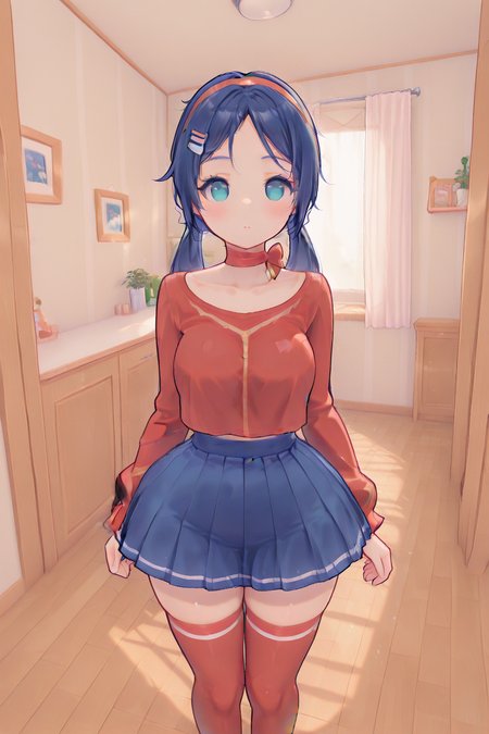 looking at viewer,facing viewer,<lora:Ð¡ÑÐ¸Ð»Ñ Ð³Ð»Ð°Ð·Ð°(ceye, detailed eyes, reflection eyes, no pupils):1>ceye, detailed eyes, reflection eyes, no pupils <lora:Mita-IL-v1:0.9> (blue hair),long hair, low twintails, parted bangs, red hairband, white hair ornament, hairclip,wide hips, narrow waist, large breasts,outfit_1, ribbon choker, red shirt, crop top, long sleeves, blue skirt, pleated skirt, zettai ryouiki, red thighhighs, mary janes, blue footwear,, breasts,digital illustration,1girl, masterpiece, best quality,highres,