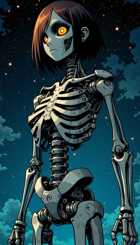 dreadmirthart, by Glen Angus, anime, Sharp focus of a Lifeless Ciri-The Terminator hybrid person, Stars in the sky, Very wide view, tonality, Heartwarming, Japanese mystery fiction, distorted, dark-blueish hue