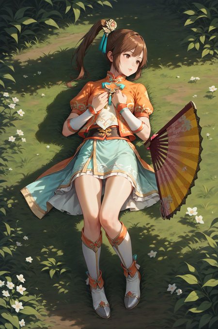 score_9, score_8_up, score_7_up, source_anime, masterpiece, A woman lying on her back with one leg raised, the other bent at the knee, hands resting on her chest., <lora:Xiaoqiao_Dynasty_Warriors:0.8> 1girl, solo, brown hair, ponytail, chinese clothes, skirt, hair ornament, short sleeves, long hair, boots, brown eyes, outdoors, side ponytail, holding folding fan