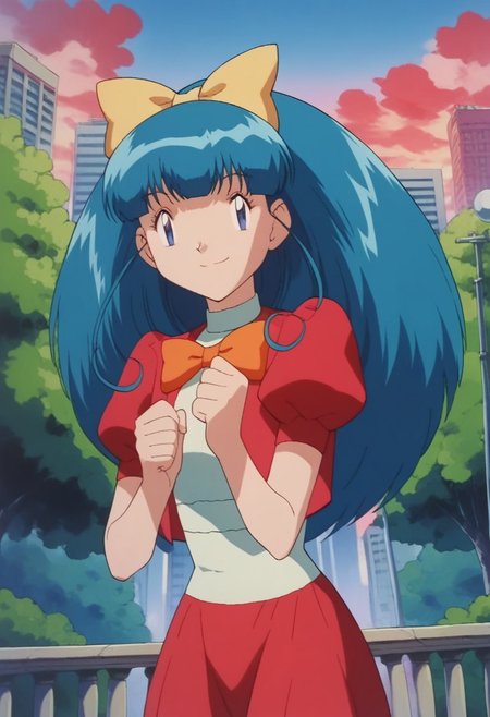 score_9,score_8_up,score_7_up,score_6_up, easynegative, negative_hand, source_anime,
standing, smiling, looking at viewer, cowboy shot, full body, outside, buildings, city, trees, solo, upper body
PKMNTemacu, 1girl, blue hair, long hair, bangs, blue eyes,
yellow hair bow, red puffy short sleeves, orange bow tie, red skirt,