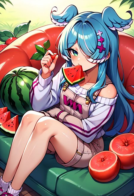score_9, score_8_up, score_7_up, uncensored, source_anime, 1girl, <lora:speliraPendoraXLPony:1> elira1st, long sleeves, overalls, white sweater, off shoulder, single glove, one eye covered, overall shorts, melon, doily, food, fruit, melon