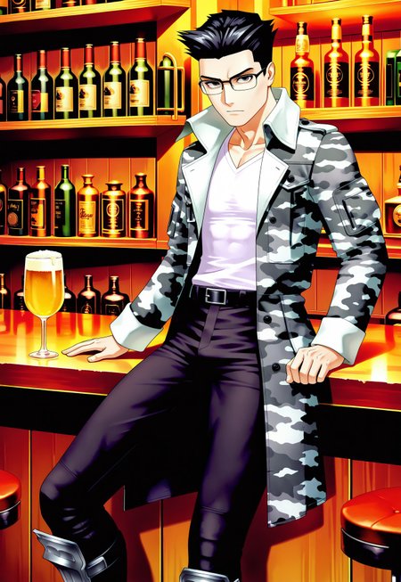 masterpiece, best quality, amazing quality, very aesthetic, absurdres, newest, chaoshsmtilxl cleaning a beer glass behind a counter in a bar, 1boy, male focus, black hair, raised hair, hair slicked back, widow's peak, white shirt, gray camouflage coat, black eyes, black pants, greaves, glasses, belt, camouflaged sleeves, dimly lit, bar, 