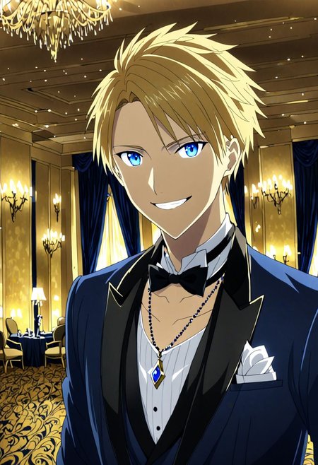 high resolution, solo, best quality, 1Boy, Yamato Ishida, Blond Hair, Blue Eyes, Necklace, luxury hotel, Ballroom, tuxedo, smile, mysterious, confident, OverallDetail