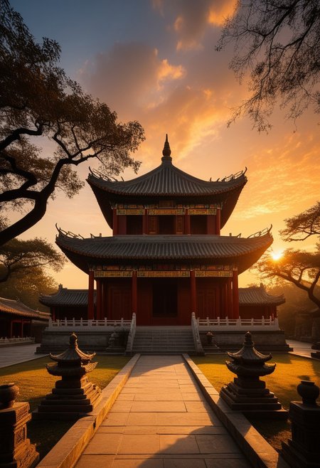 Altar and Temple Architecture: An illustrative depiction of a traditional Chinese altar or temple,a testament to China's deep-rooted cultural heritage,under the serene backdrop of a setting sun.,
The image presents a well-preserved altar or temple,a symbol of ancient Chinese architecture,standing in its full glory against the warm,golden light of the sunset. The structure,with its sweeping roof,intricate carvings,and balanced proportions,is bathed in the soft glow of the declining day,highlighting the temple's historical and spiritual significance.,
The temple's silhouette is accentuated by the sunset,creating a striking contrast between the ancient stonework and the vibrant sky. The scene evokes a sense of reverence and tranquility,encapsulating the essence of China's architectural and cultural legacy.,
This portrayal captures the timeless beauty of altar and temple architecture in China,with the sunset serving as a metaphor for the enduring spirit of Chinese tradition and the passage of time. The image conveys a deep appreciation for the artistry and craftsmanship of ancient Chinese builders,and the enduring relevance of these sacred structures in contemporary society.,