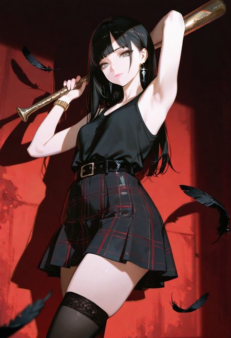 HDR, 8K, high contrast, masterpiece, best quality, amazing quality, very aesthetic, high resolution, ultra-detailed, absurdres, usnr,
solo, 1girl, long hair, black hair, blunt bangs, long side bangs, hair behind ear, silver earrings, grey eyes, detailed eyes, pink lips, closed mouth, tank top, black tank top, plaid skirt, black skirt, red stripes, gold wristwear, wristwatch, black belt, bare thighs, black thighhighs, bat, holding bat over shoulder, armpit, armpit crease, armpit focus, textured background, red background, black feathers, floating feathers, looking at viewer, low angle shot, sinister smile, photorealistic, volumetric lighting, dramatic shadows, cinematic lighting