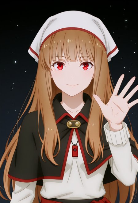 <lora:Gradient_Background:1> Gr_Back, Gradient Background, dark background,(upper body:1.4),female focus, magic light particles, waving at viewer, close up, high detail face,
holooutfit2, 1girl, long brown hair, bangs, red eyes, fox ears, medium breast, | white headscarf, white long-sleeved shirt, long sleeves, ribbed cuffs, black capelet, short cape, red trim, red button, black long skirt, wide skirt, pants under skirt, red trim, red braided sash
 <lora:Holo_IL:1>,