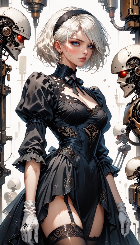 score_9, score_8_up, score_7_up, score_6_up, score_5_up, score_4_up,  YoRHa No. 2 Type B, 2B (Nier Automata), victorian style, 2B outfit, thighhighs,  <lora:Expressive_H-000001:0.8>, expressiveH  <lora:Fant5yP0ny:0.9> <lora:Pony_DetailV1.0:0.9>  <lora:nostalgia-000011:0.8> retro