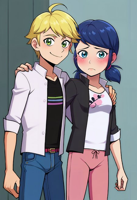 1boy, 1girl, photoshoot, couple boy with arm around girl, <lora:Incognitymous-art-PDXL_Dalce_v4:0.9>, looking at viewer,  
imtdadrien, imtdupacheng, (height difference:1.2), (taller male, shorter female),
BREAK
1boy, smile, arm around another, looking at viewer, 
(imtdadrien, blonde hair, green eyes, short hair, bangs, ahoge), <lora:Adrien-Agreste-ML-PDXL_ShutUpImTired_v1:0.7>,
shirt, open clothes, pants, black shirt with colored stripes, white collared shirt, white shirt, open shirt, jeans, denim pants, belt, sleeves rolled up,
BREAK
1girl, blush, shy, looking at viewer, (shorter female), 
(imtdupacheng, blue eyes, blue hair, short twintails, hair bun, low twintails, swept bangs), <lora:Marinette-Dupain-Cheng-ML-PDXL_ShutUpImTired_v1:0.7>
white shirt, pink pants, (black-jacket), capri pants, sleeves rolled up,