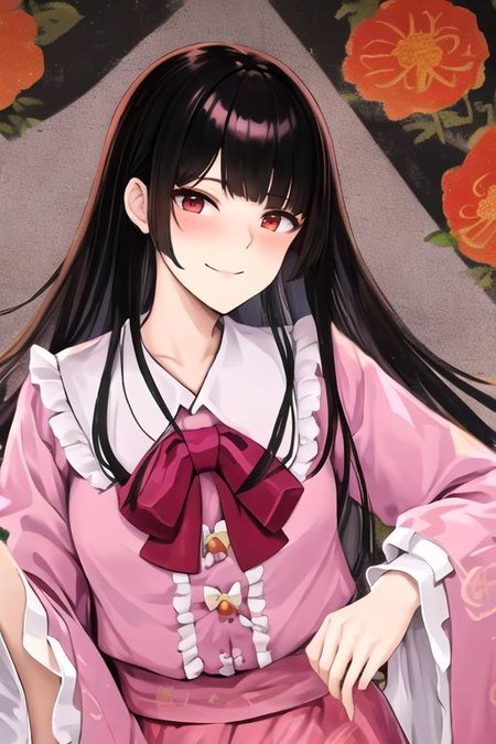 Kaguya, 1girl, solo, long hair, looking at viewer, blush, smile, bangs, skirt, shirt, black hair, red eyes, long sleeves, bow, very long hair, closed mouth, frills, japanese clothes, wide sleeves, blunt bangs, bowtie, sleeves past wrists, red skirt, floral print, frilled skirt, white bow, frilled sleeves, sleeves past fingers, pink shirt, frilled shirt collar, hime cut, breasts