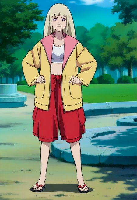 solo,standing, hands on own hips,  park, smile,
<lora:shion 2:1>, shionrt, blonde hair, long hair, bangs, purple eyes,white pupils, medium breasts,
jacket, yellow jacket, multicolored jacket, long sleeves, very long sleeves, sports bra, white sports bra, shorts, red shorts, midriff, pointing, sandals,
anime screencap, masterpiece, best quality,