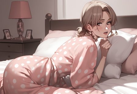 abbystea style, score_9, score_8_up, score_7_up, source_anime,hentai, anime,
gorgeous mature woman, milf body, beautiful eyes, tiny nose, light brown hair stylish hair cut,
wearing pink polka dot dress
in a pink bedroom, bed, pillow, sheets, 
side view, wide shot, open mouth, sitting pose