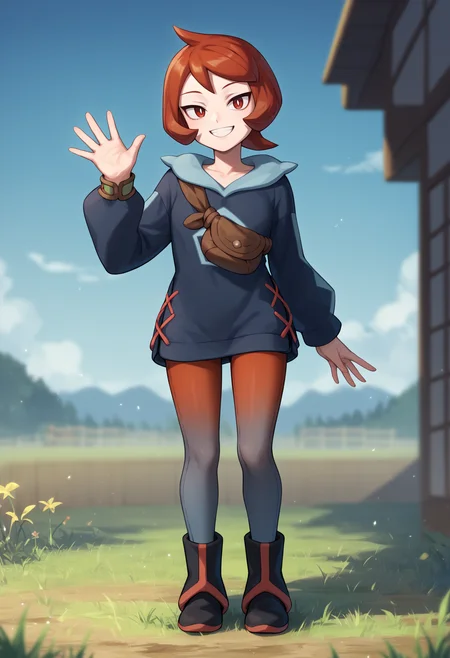 score_9, score_8_up, score_7_up, score_6_up, score_5_up, score_4_up, BREAK, source_anime,
1girl, arezu, red hair, cowlick, short hair, red eyes,
hoodie, long sleeves, pantyhose, boots, brown bag,
waving, 
smile, standing, full body, looking at viewer, grass, blue sky, meadow, moutains background  <lora:ArezuXL:1>