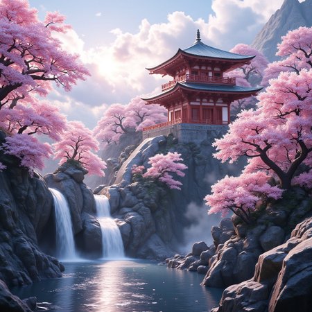 ((Mii-dera Temple of peace)) in the mountains surrounded by ((cherry blossoms trees)), mid morning in the beginning of winter, waterfalls running down the mountain tops
