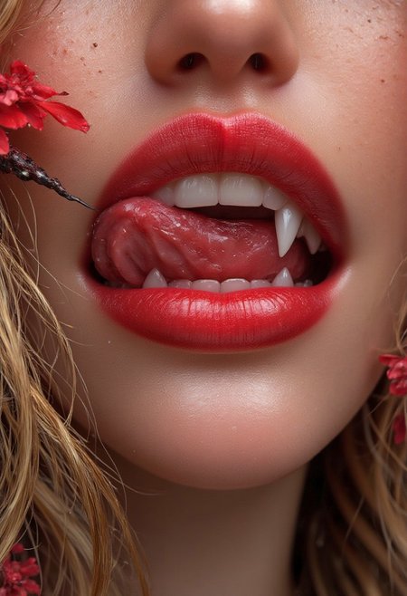 Midjourney_Whisper,A close-up of a woman's lips. She has detailed skin and a very long demonic tongue. blonde hair. Her tongue is long and forked like a snake. Her tongue is curly and are touching her plump lips, lip filler, vibrant red blood flowers  symbolizing beauty and growth. big lips, bimbo lips, The flowers are red like blood blending harmoniously with the natural lip color. Vampire teeth, vampire fangs, long fangs. The scene is highly detailed, with a focus on the soft texture of the lips and the rich. The background is softly blurred, drawing attention to the blooming effect around the lips.