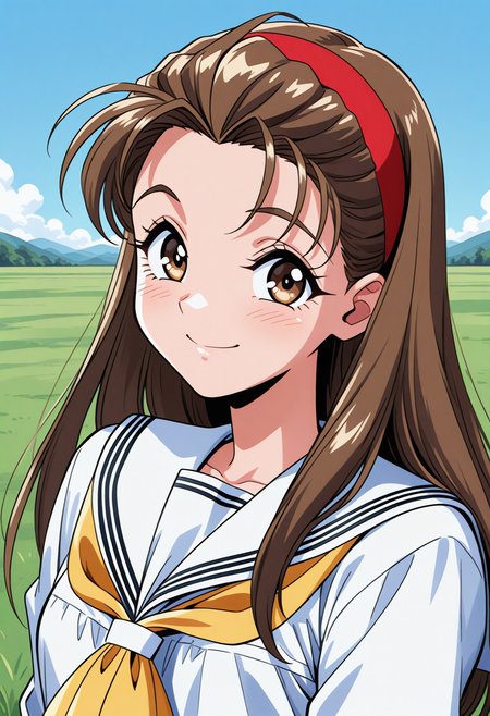 yasuda_maina, brown eyes, brown hair, long hair, hairband, school uniform, serafuku, white sailor collar, yellow neckerchief, white shirt, long sleeves, <lora:Graduation_yasuda_maina_illustrious_ver1:0.8>
smile, closed mouth,, masterpiece, best quality, very aesthetic, absurdres, general,, 1girl, solo, blue sky, (grasslands:1.2), looking at viewer,, (upper body:1.2), (close-up:1.2), (facing viewer:1.2), (open eyes:1.4), (portrait:1.2)