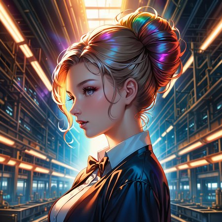 stylized by Brandon Woelfel and Beeple, digital art, insane details, hip level shot of a midweight (sunlight, 1girl, breasts, solo, french twist bun hair, rembrandt lighting, woman:1.3) as a Office worker, Tired Bowtie, inside of a Oil refinery, dense space, extremely beautiful, Summer, Best quality, Light, Yuccie Art, F/8, rainbow swirl, Pixabay, highly detail, sunny, dynamic background, symmetry, ambient atmosphere, complimentary colors, magnificent, magical, unique, extremely stylish
