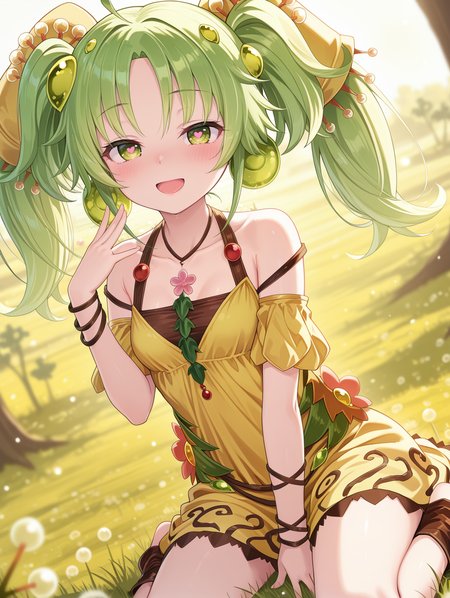 traptrix sera, 1girl, solo, open mouth, sitting, blush, smile, looking at viewer, heart-shaped pupils, collarbone, hand up, wariza, small breasts, blurry background, grass, sidelocks, plant, white plant, outdoors, :d, yellow hair ornament, green ball earrings, brown choker, brown crop top, yellow strapless dress, yellow puffy short sleeves, brown bracelet, brown anklet, dutch angle, drosera plant,
masterpiece,best quality,amazing quality,very aesthetic,absurdres,newest,<lora:Traptrix Sera illuXL v1:0.75>,