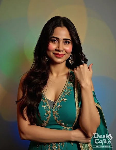 from front photo of z4hr4h kh4n woman, hyper realistic photo that is safe for work, shy smile, studio quality image with natural colors, well dressed wearing intricate sleeveless Sapphire Patiala Suit, hair styled as  straight hair,muted pastel shaded multicolored background that contrasts with the person, cinematic lighting,âââââ âââ <lora:z4hr4h_kh4n_Zahrah_Khan_Flux_Kohya_V1:1>âââ