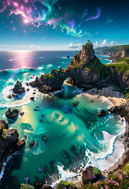 Depict a surreal coastal scene on a distant planet, where jagged cliffs overlook an iridescent ocean. The water glows with bioluminescent creatures, and strange, luminescent seaweed waves gently in the surf. The sky above is filled with swirling galaxies and distant stars, casting an ethereal light over the scene. Best quality, high resolution, ultra-detailed, 8k.  masterpiece, trending on artstation, sharp focus, studio photo, intricate details, highly detailed