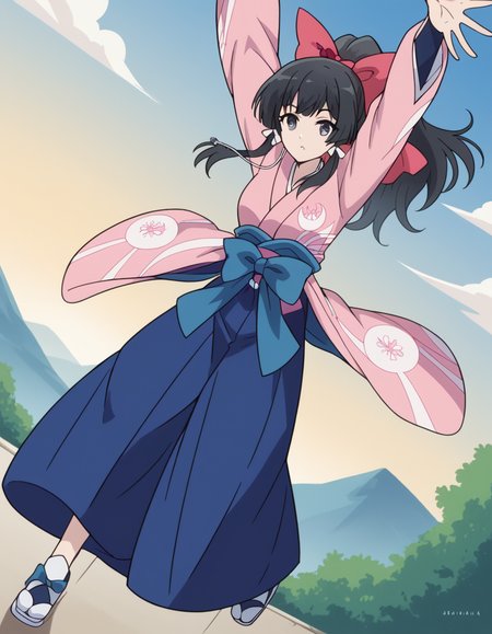score_9, score_8_up, score_7_up, source_anime, <lora:yae-kokonoe-s2-ponyxl-lora-nochekaiser:1>, yae kokonoe, long hair, bangs, black hair, bow, ribbon, hair ribbon, ponytail, hair bow, black eyes, grey eyes, medium breasts,, skirt, japanese clothes, kimono, hakama, hakama skirt, pink kimono, suburban neighborhood, morning jog, earphones, running shoes, fresh air, sunrise, , on back, arm support, arms up, incoming hug, pov, reaching, reaching towards viewer,, looking at viewer, solo,, dutch angle, cowboy shot