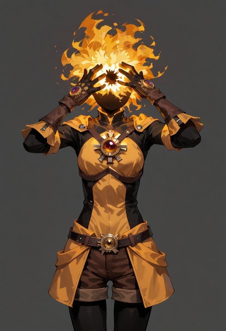 score_9, score_8_up, score_7_up, solo,
lord_of_frenzy, fire head,
mad,
novakin, faceless, no eyes, no mouth, no nose, no facial features, short fiery yellow orange hair, body made of black plasma,
open hands, hands on face front,
hands on own head, 
upside-down, backflip,
magical girl outfit, (steampunk dress:1.1), boots, (brown shorts:1.1), black tights, medium breasts, belt, gloves, 
simple background, grey background,