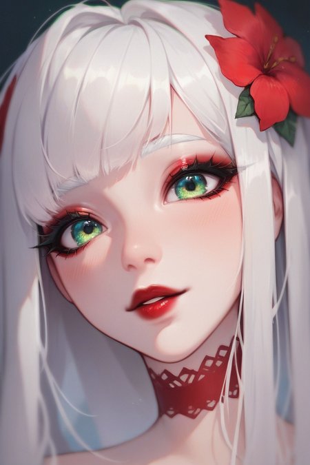 score_9, score_8_up, score_7_up, source_anime, 
solo, white skin, white hair, red eyeshadow, green eyes, white eyebrows, black eyelashes, long white straight hair, bangs, red lipstick, 
<lora:princess_xl_v2:0.50> <lora:Smooth Style 2 SDXL_LoRA_Pony Diffusion V6 XL:0.20> <lora:add-detail-xl:0.4>