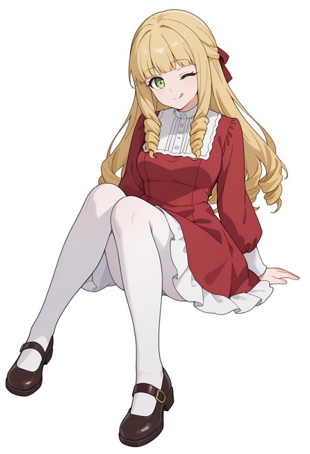 Smooth Quality,masterpiece,very intricate, high quality details, high detailed skin,detailed enviorement,absurdres, 
simple background, white background,front view,
 ;q,
 <lora:Fiatoio_Annacnn:0.7>
fannacnn, 1girl, blonde hair, green eyes, long hair, blunt bangs, sidelocks, drill hair, 
white pantyhose, red dress, long sleeves,bow, hair ribbon, white shirt, shoes, mary janes,