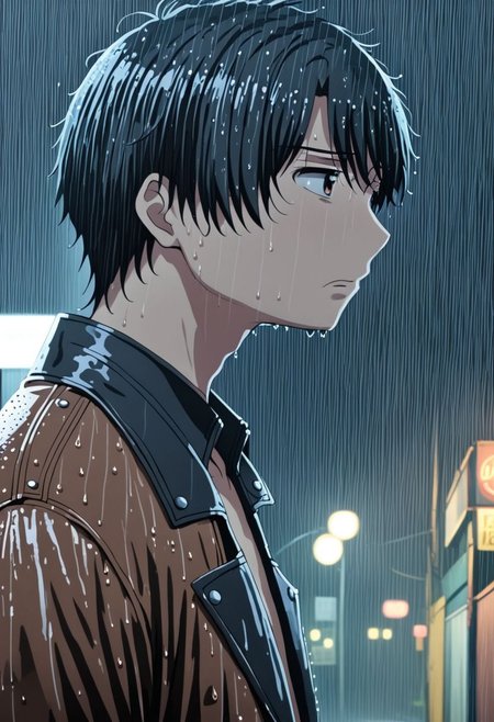 high resolution, solo, best quality, 1Boy, Inaho Kaizuka, Black Hair, heavy rain, night, looking down, sad, leather jacket, looking away, wet, wet hair, OverallDetail
