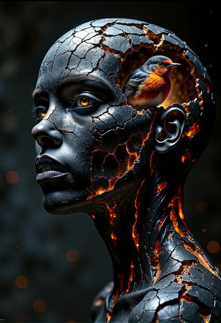 Hauntingly realistic portrait of an European woman with black, wrinkled skin, resembling cracked and shattered stone. Her skin is marked with intricate, glowing orange lines that weave through the cracks, like veins of molten lava. She has a strong, seductive expression, with her mouth slightly open and her gaze intense and captivating, similar to a model's look in a high-fashion photoshoot. One eye remains whole and alert, while the other is fragmented, adding to her mysterious allure. Soft, dramatic side lighting emphasizes the texture of her skin and the depth of the cracks. The background gradually fades into dark shadows, enhancing the focus on her face. (The cracks in her skull form a large, hollow opening from which a majestic European robin is peeking out, its presence adding a striking contrast between life and the fractured surface:1.3). Her long, flowing hair cascades down one side of her face, while the other side is shaved clean, adding a stark contrast. The image conveys resilience, the interplay of destruction and life, and the unexpected beauty found within imperfection. <lora:FluxDFaeTasticDetails.safetensors:0.2>, <lora:Elden_Ring_-_Yoshitaka_Amano.safetensors:0.75>, <lora:black_fantasy.safetensors:0.25>,   <lora:aiai-Glimra-Flux-Dev-v2.safetensors:0.5>,
