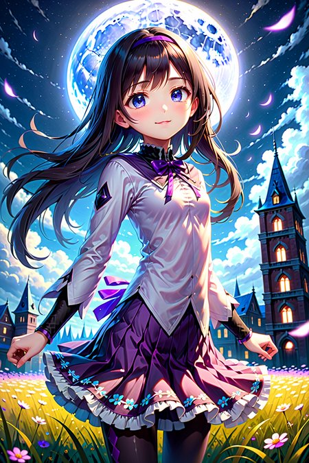 masterpiece, best quality, 1girl,homu,long hair, <lora:homu_xl_base:0.8>, (colorful),(finely detailed beautiful eyes and detailed face),cinematic lighting,bust shot,extremely detailed CG unity 8k wallpaper,solo,smile ,intricate skirt,((flying petal)),(Flowery meadow) sky, cloudy_sky, building, moonlight, moon, night