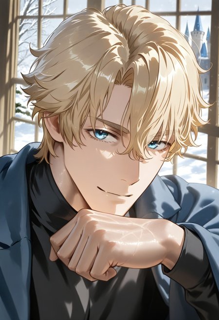 //General, masterpiece,best quality,amazing quality, source_anime, intricately detailed illustration, very aesthetic, absurdres, newest, anime coloring, subsurface scattering, , natural lighting, Expressiveh, detailed skin, shiny skin,aesthetics light, depth of field, vibrant colors,
//Fashion, black shirt, long sleeves, 
//Background, castle interior, indoors, snow background outside the window, 
//Others, 1boy, male focus, solo male, manly body, 
//Action, looking at viewer,  light smile, close up, upper body,
BREAK, 
gawain (fate), blonde hair, blue eyes, blue cape, armor