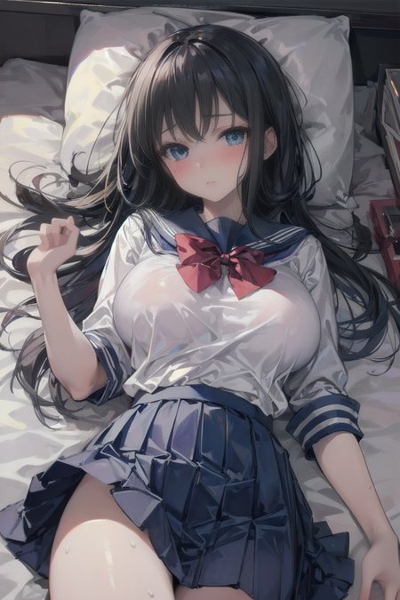 (masterpiece, best quality:1.4), 
love, teen, girl,blush, school uniform, beautiful eyes, looking at viewer, sweat, focus face, mind control, bed, anime, large breasts, lying,
BREAK 
<lora:LowRa:0.6> <lora:GoodHands-vanilla:1> <lora:more_details:0.3>