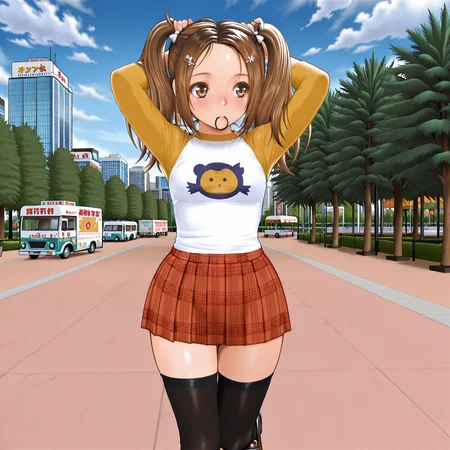 HDA_MasterpieceXLclassic, outdoors, city park, food truck, <lora:Ayumi_Nagayama_-_Dr.Tannou_MuSoft:1> AyumiGold, 1girl, brown eyes, plaid skirt, twin tails, raglan sleeves, plaid skirt, thighhighs, loafers, white bows, hairpin,  HDA_AdjustingHairXL