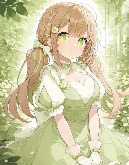 masterpiece,  best quality, newest, highres, absurdres,<lora:Chon_style-000019:1>, 1girl, solo, dress, long hair, breasts, hair ornament, brown hair, short sleeves, bow, puffy sleeves, twintails, gloves, streaked hair, puffy short sleeves, looking at viewer, green hair, multicolored hair, green theme, braid, bangs