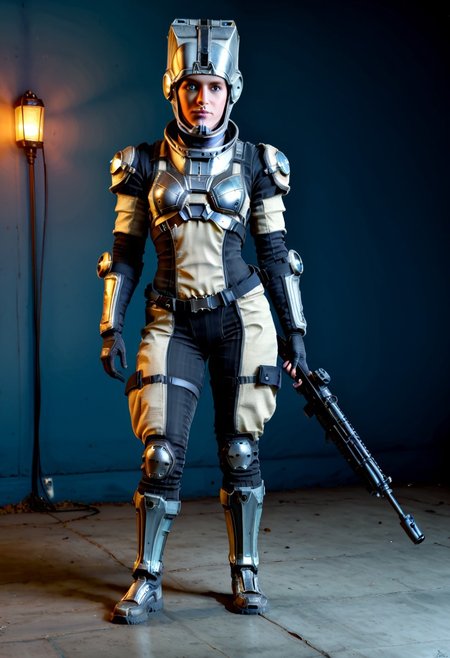badass Corpus, corpus crewman, Tan and black corpus suit, corpus tileset,  1boy, wearing cirpus crewman outfit, wearing corpus crewman helmet, helmet covering face, face fully covered, holding gun, holding dera rifle, Dera, corpus gun, gun, dera rifle, dera gun, 
(Corpus helmet, wearing helmet, wearing corpus helmet), , (dark shot:1.17), ((epic)) realistic, faded, , art, (hdr:1.5), (muted colors:1.2), hyperdetailed, (artstation:1.5), cinematic, warm lights, dramatic light, (intricate details:1.1), complex background, (rutkowski:0.8),((full body:1.9)), by Blizzard entertainment, big armor, l, wearing corpus helmet, low light, facing camera, lot of details, detailed armor, half side portrait, on corpus tileset, (night time),