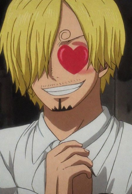 Blade Runner Style, a photo of a heartwarming description for this adorable photo: sanji with Heart eyes. The scene is so sweet that it melts even the toughest hearts. Describe the loving atmosphere created by the combination of sanji, smiles, and hearts.